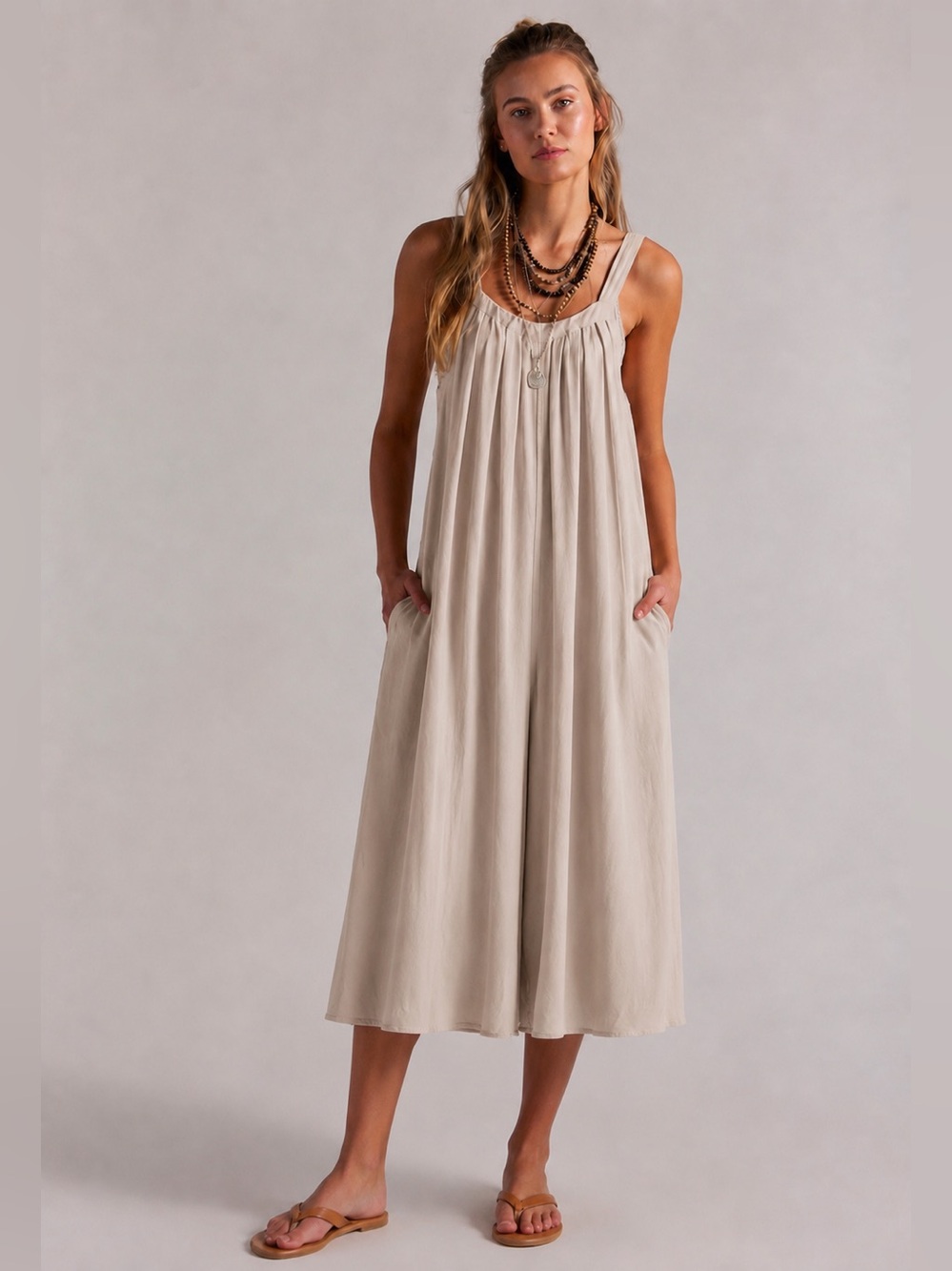 Hunter & Brown Flowy Sleeveless Midi jumpsuit in Beige